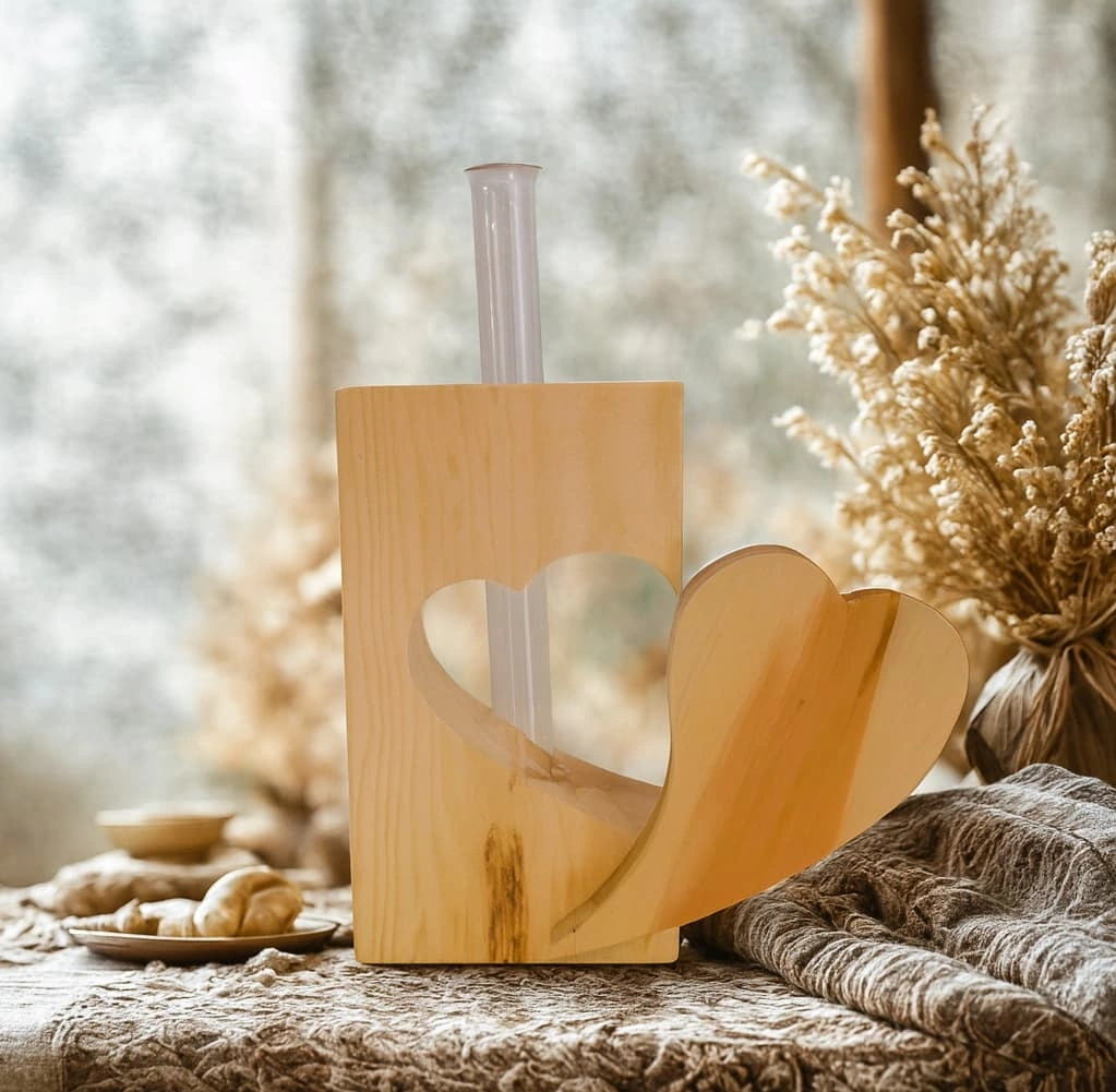 Doppio cuore decorativo in legno di pino cembro con provetta in vetro, artigianato alpino profumato.