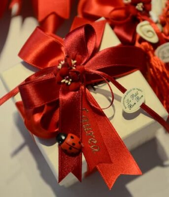 Bomboniera artigianale per laurea con fiocco rosso lucido, decorazioni floreali, coccinella ornamentale e dettagli personalizzati ricamati.