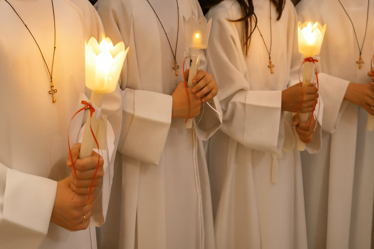 “Giovani in abiti bianchi tengono candele accese durante la cerimoni della cresima, con croci al collo e atmosfera solenne