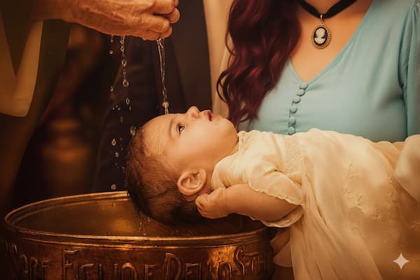 Bambino vestito di bianco durante il battesimo, con acqua versata sul capo al fonte battesimale, tenuto in braccio dalla mamma