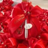 Sacchettini bomboniera artigianale per Laurea rossi con fiocco in raso e ciondolo a tema (corona alloro, coccinella).