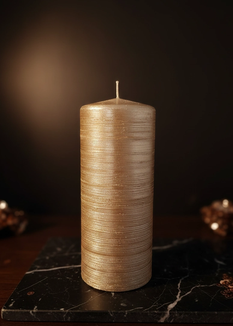Candela cilindrica Safe Candle Rustikana Kerzen Wenzel colore gold metallizzato con finitura rustica e sistema autoestinguente DEKRA.