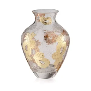 Vaso in vetro artistico con decori dorati a rilievo, design italiano