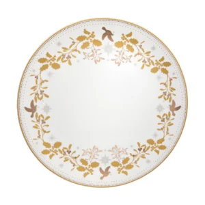Vassoio natalizio rotondo in porcellana bianca con decorazioni oro e argento di agrifoglio e uccelli Maxwell & Williams