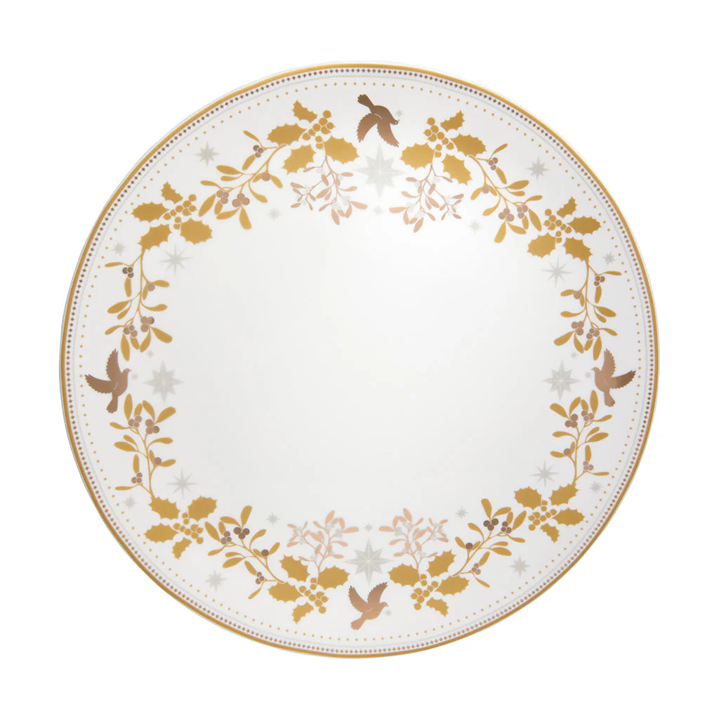 Vassoio natalizio rotondo in porcellana bianca con decorazioni oro e argento di agrifoglio e uccelli Maxwell & Williams