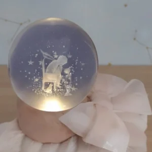 Sfera di cristallo 3D con incisione del Piccolo Principe seduto con la volpe su base in legno luminosa.