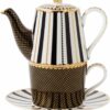 Set teiera e tazza impilabile Maxwell & Williams in porcellana decorata con righe nere e pois dorati