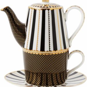Set teiera e tazza impilabile Maxwell & Williams in porcellana decorata con righe nere e pois dorati
