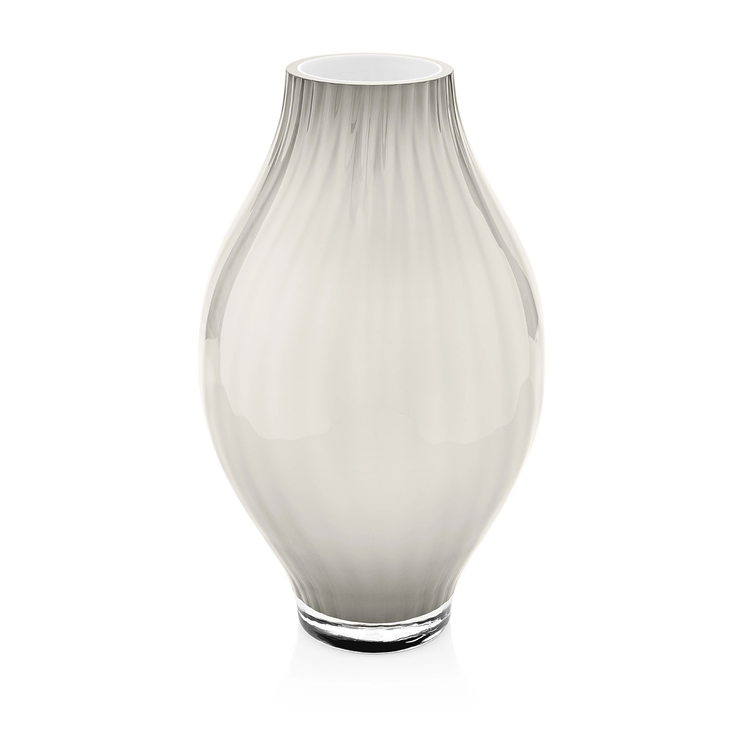 Vaso in vetro incamiciato IVV modello Arianna color tortora e bianco latte, altezza 34 cm, con texture a coste verticali e base trasparente