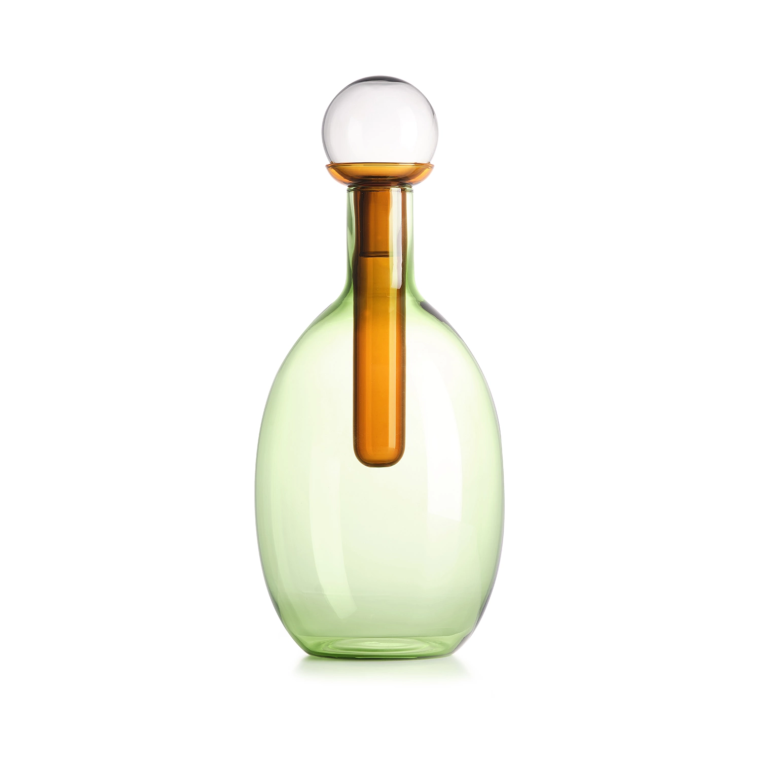 Bottiglia slanciata IVV Chemical in vetro borosilicato verde trasparente con cilindro interno ambra e tappo a sfera grigio, altezza 32,5 cm.
