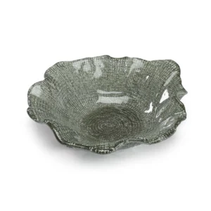 Coppa centrotavola IVV Folies in vetro verde salvia con trama a rete e bordi ondulati irregolari, diametro 25 cm