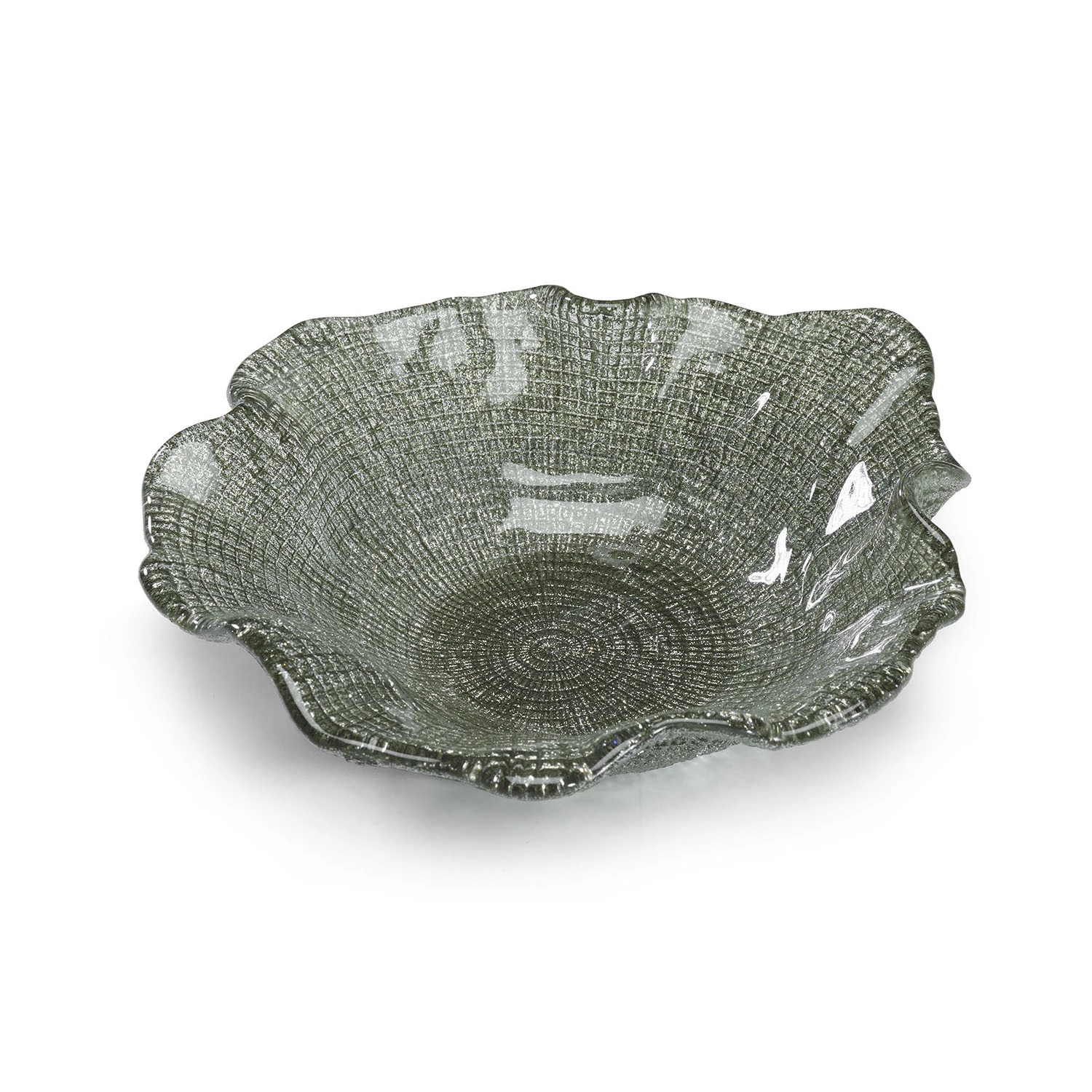Coppa centrotavola IVV Folies in vetro verde salvia con trama a rete e bordi ondulati irregolari, diametro 25 cm