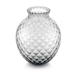 Vaso sferico IVV Infiore in vetro trasparente con texture a rombi in rilievo e bordo superiore ondulato, altezza 28,5 cm
